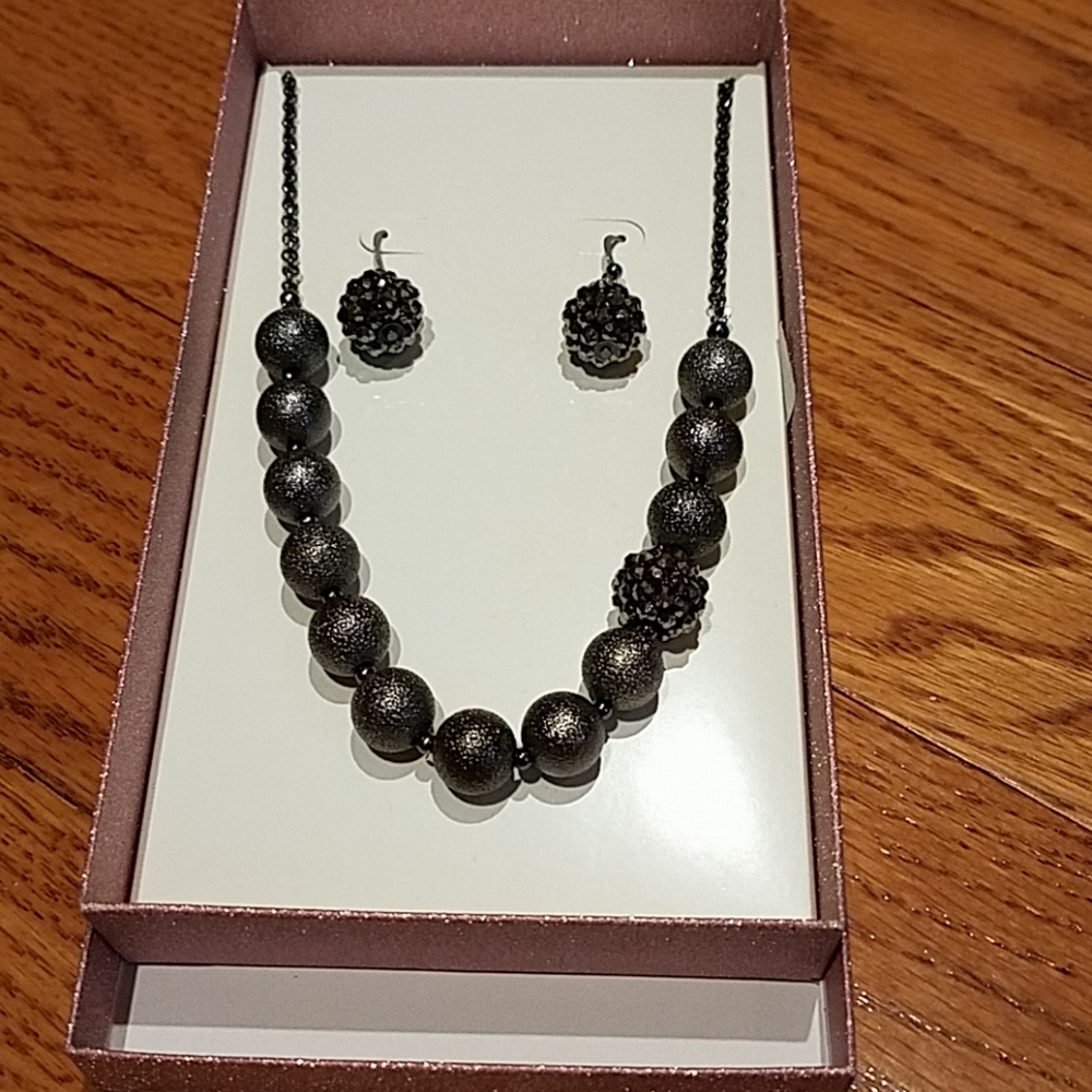 Charcoal Colored Beaded Necklace & Earrings Set